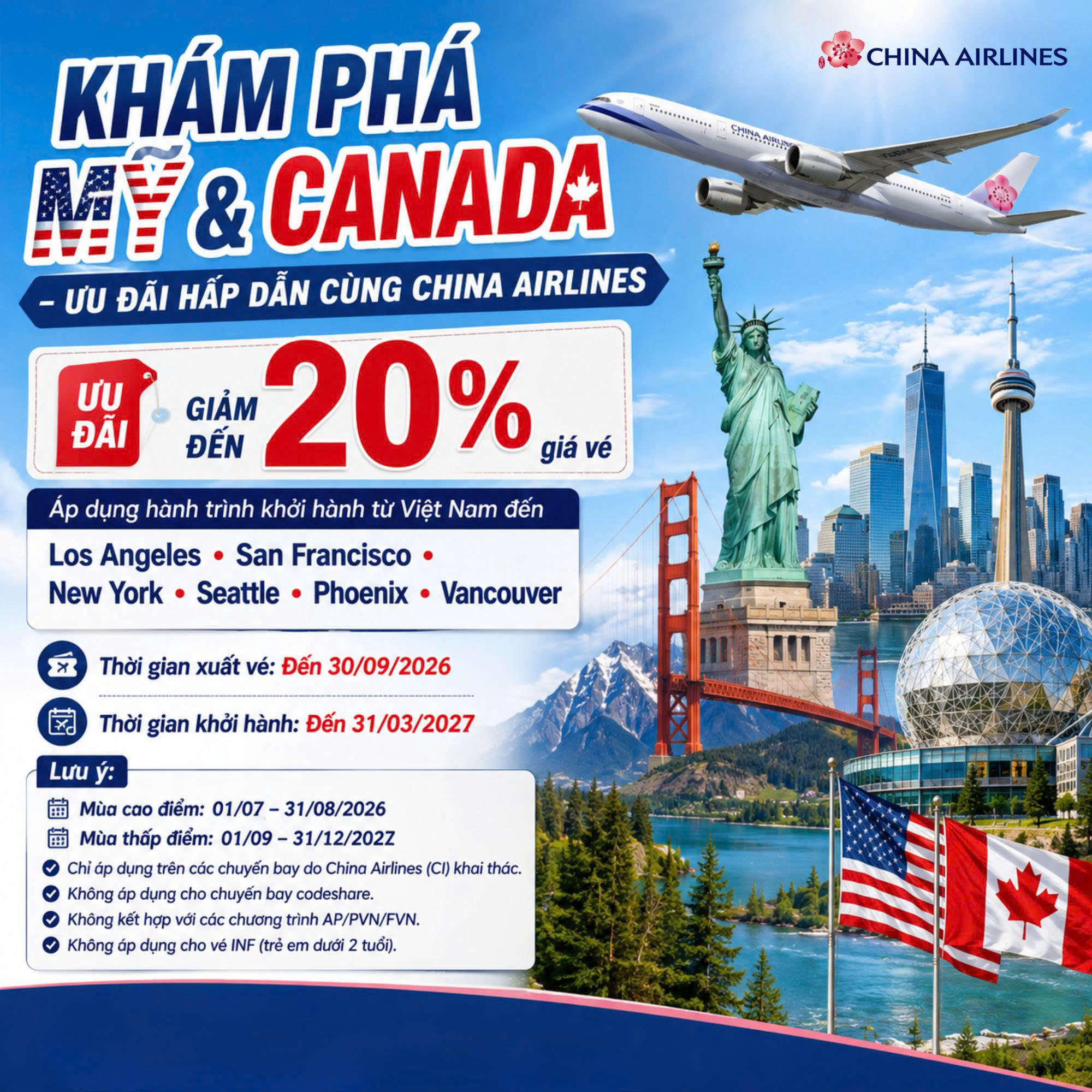 ✈️🇺🇸🇨🇦 Khám Phá Mỹ & Canada Với Ưu Đãi 20% Từ China Airlines – Bay Thả Ga, Tiết Kiệm Bất Ngờ!